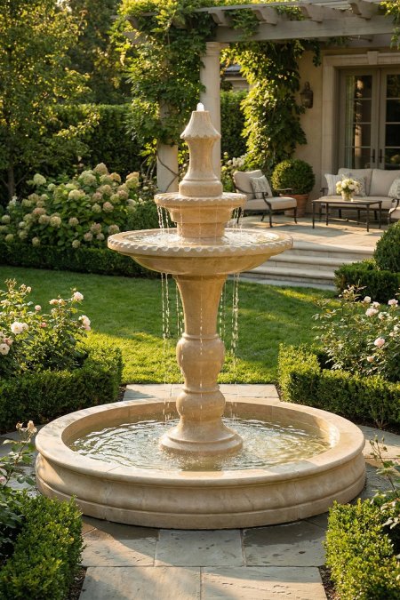 نافورة الحديقة الكلاسيكية – طبقتين مع حوض دائري